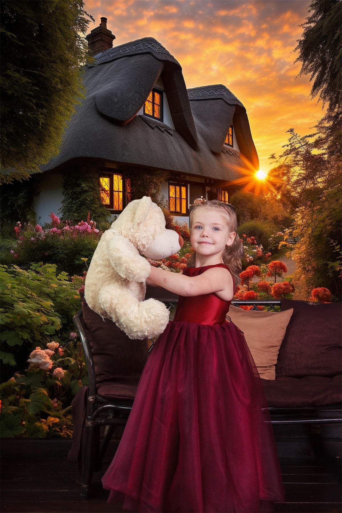 Toile de fond Route Fleurie Coucher de Soleil Cabane Romantique RR3-30