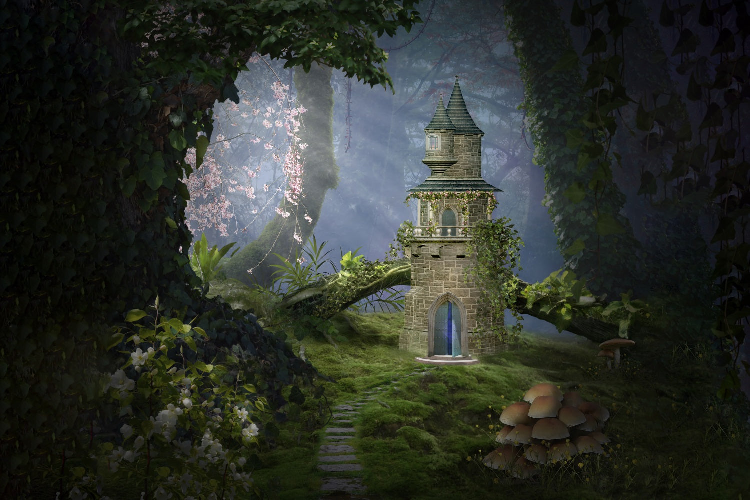 Toile de fond pour thème forêt-champignon-château-mystère RR3-32