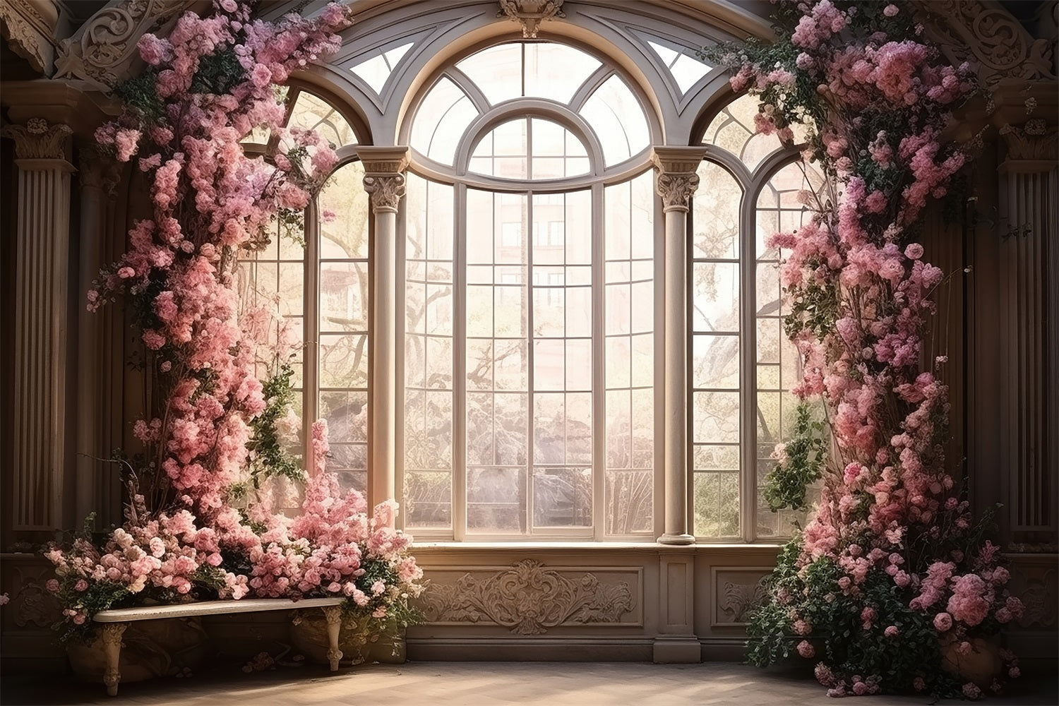 Esthero Fleurs roses Vintage Fenêtre de sol Scène douillette Toile de fond RR3-33