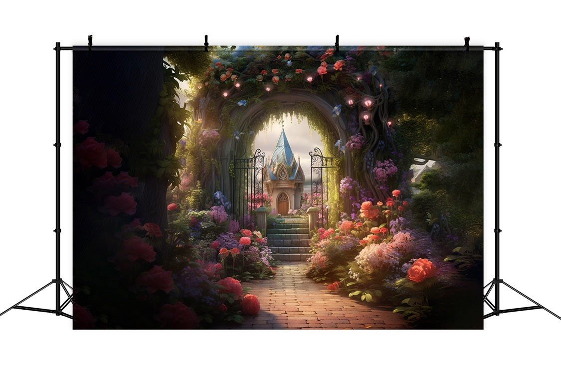 Esthero Toile de fond Château de conte de fées mystérieux Jardin de roses RR3-38