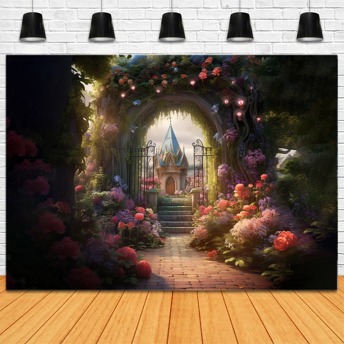 Esthero Toile de fond Château de conte de fées mystérieux Jardin de roses RR3-38