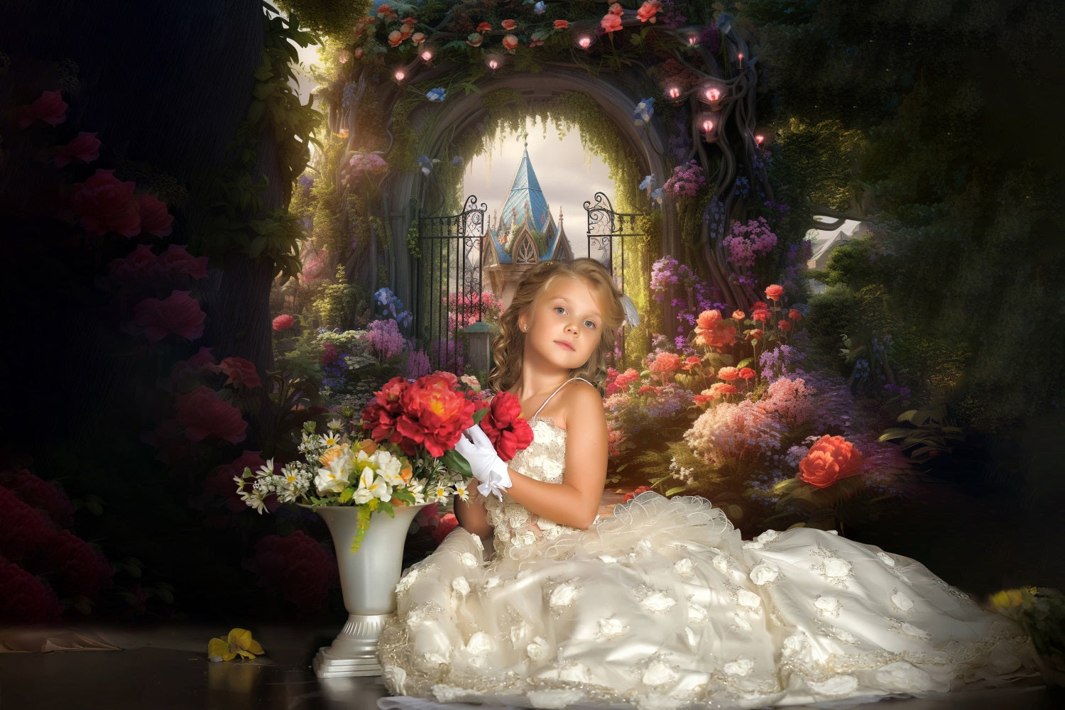 Esthero Toile de fond Château de conte de fées mystérieux Jardin de roses RR3-38