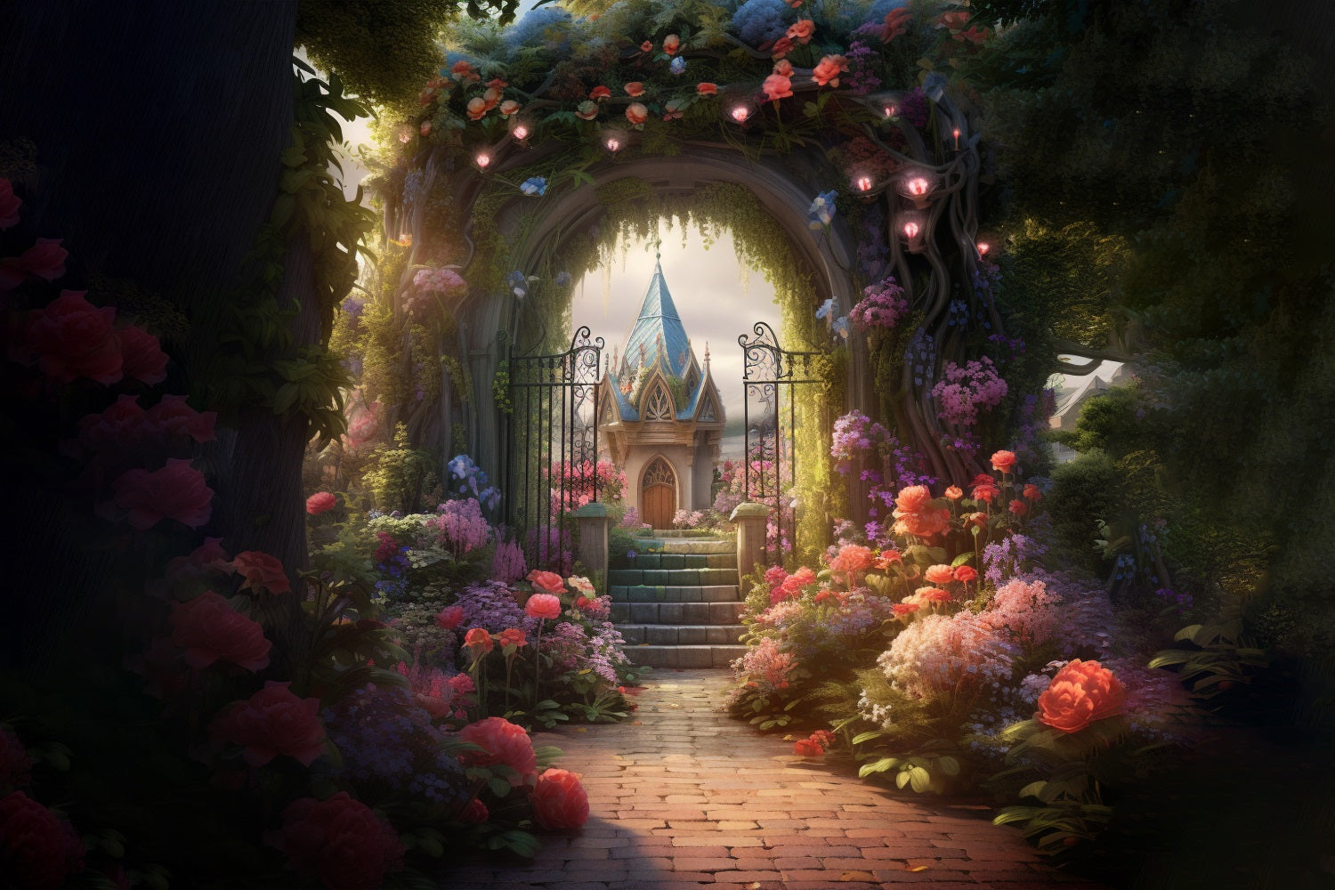 Esthero Toile de fond Château de conte de fées mystérieux Jardin de roses RR3-38
