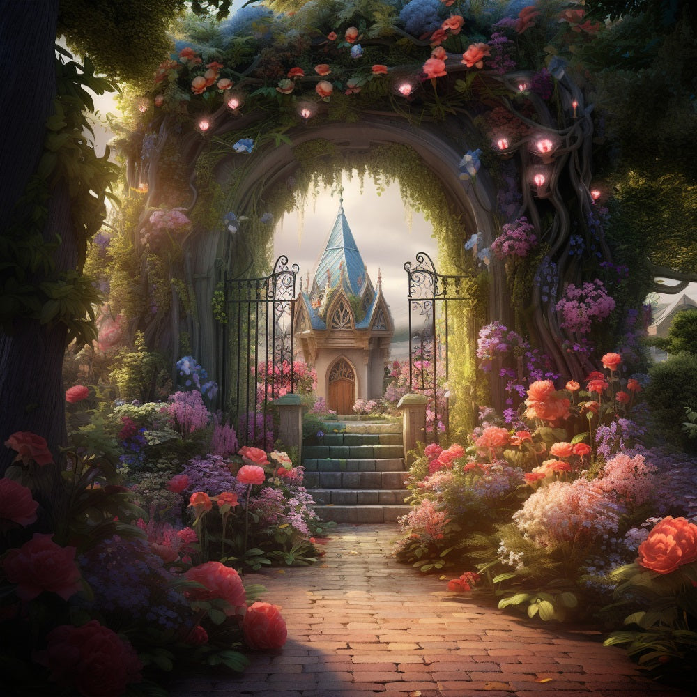 Esthero Toile de fond Château de conte de fées mystérieux Jardin de roses RR3-38