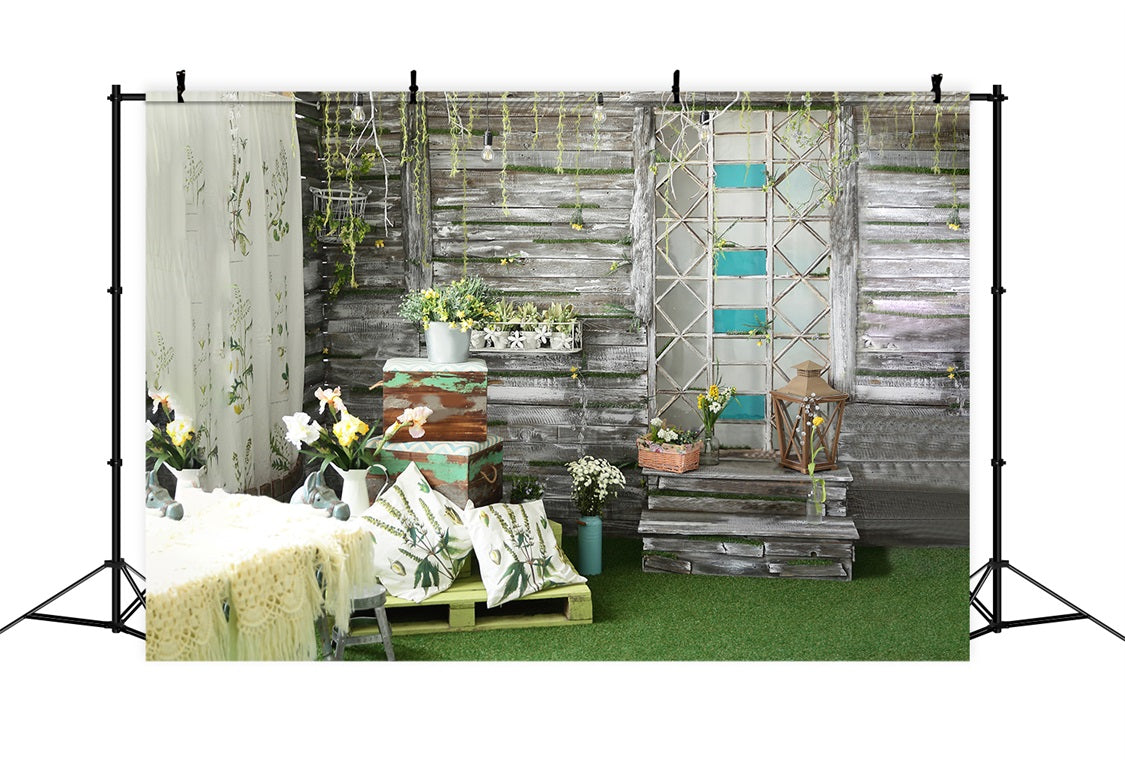 Esthero Toile de fond en bois avec plantes en pot et fleurs printanières RR3-39