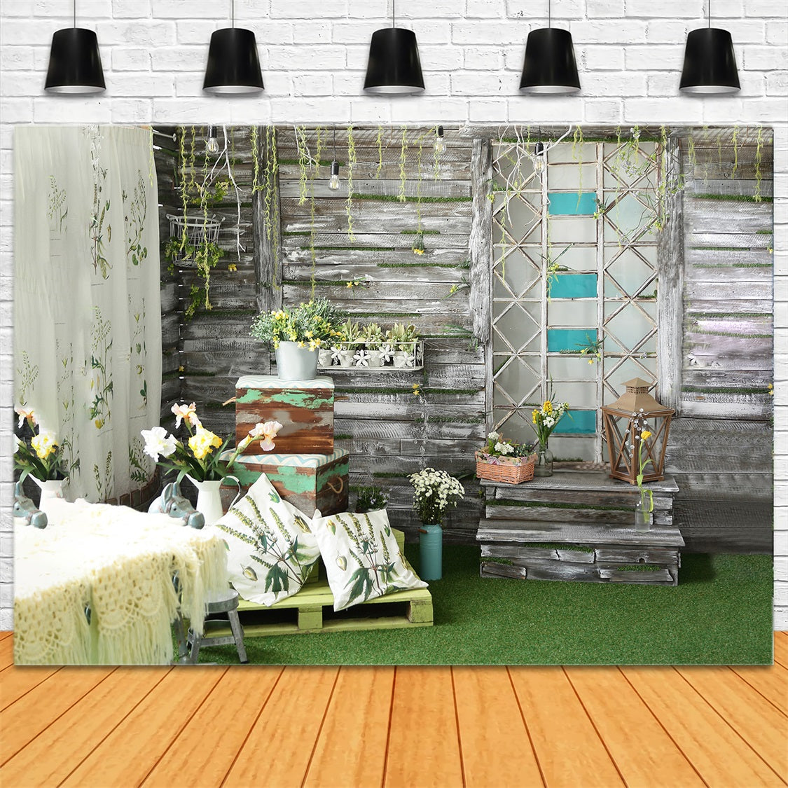 Esthero Toile de fond en bois avec plantes en pot et fleurs printanières RR3-39