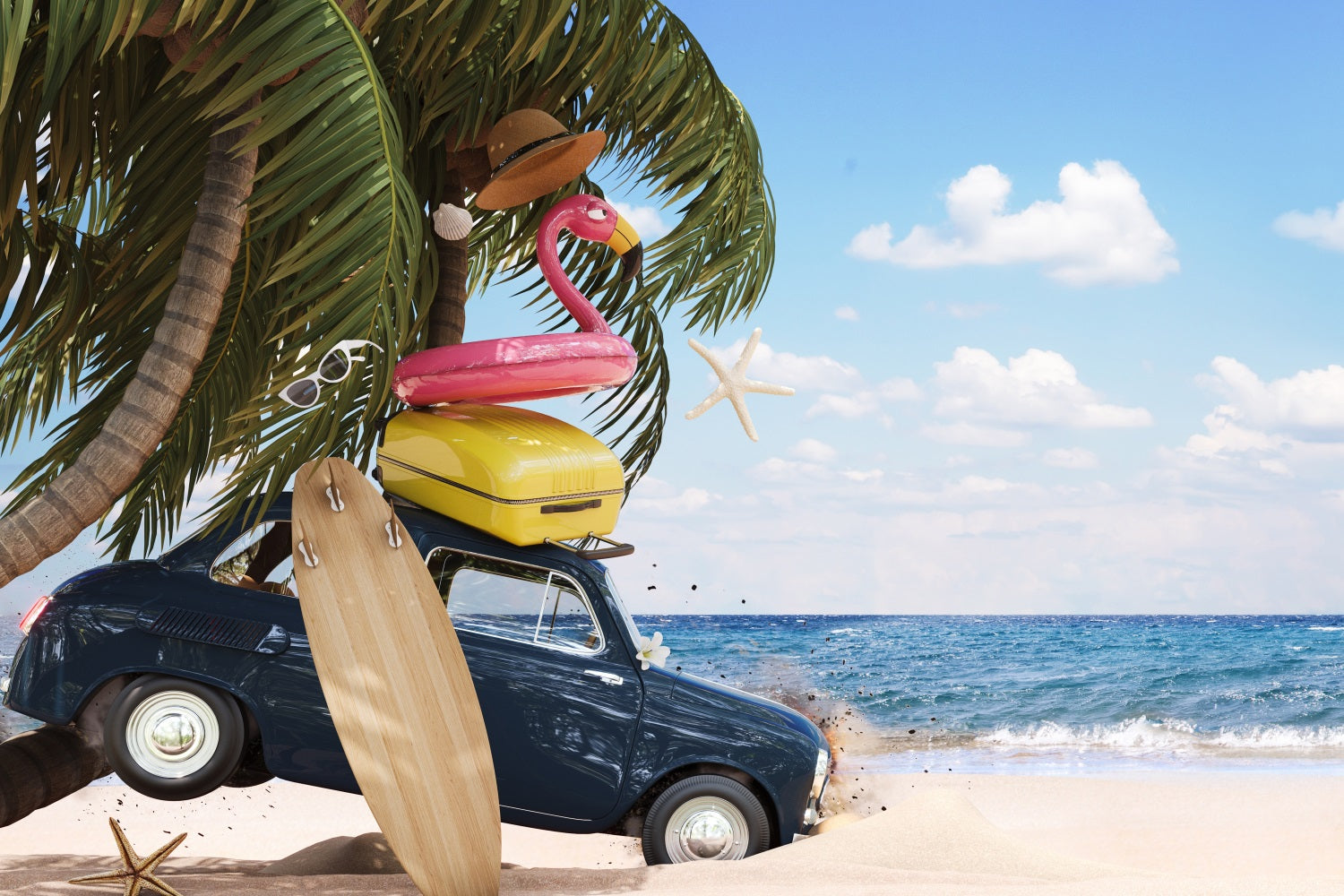 Esthero Plage d'été Cocotier Voiture Flamingo Natation Anneau Toile de fond RR3-41