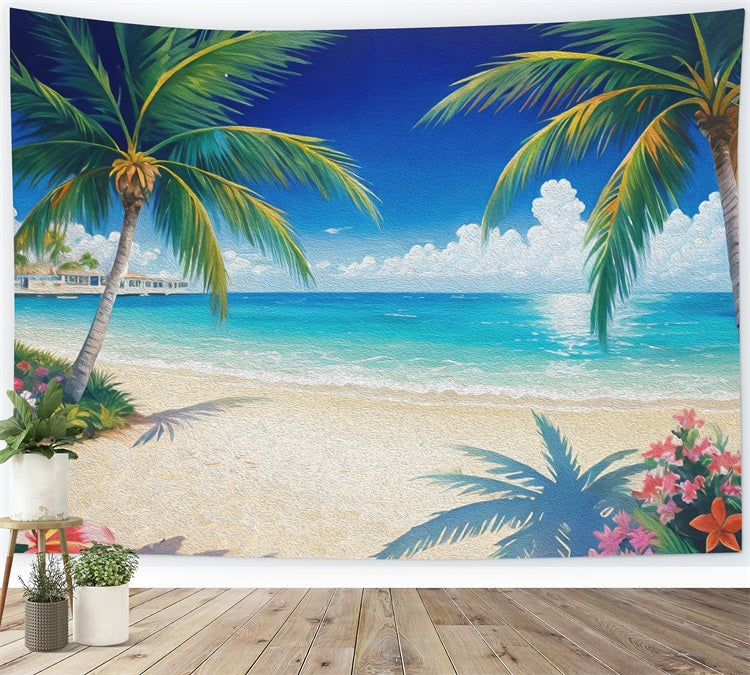 Esthero Peinture à l'huile d'été fleur de cocotier bleu mer Toile de fond RR3-44