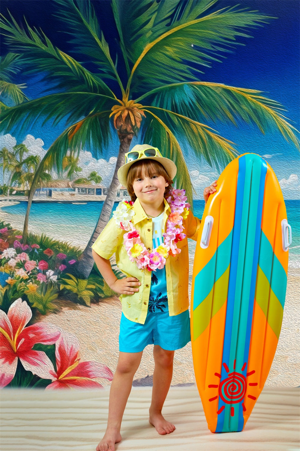 Esthero Peinture à l'huile d'été fleur de cocotier bleu mer Toile de fond RR3-44