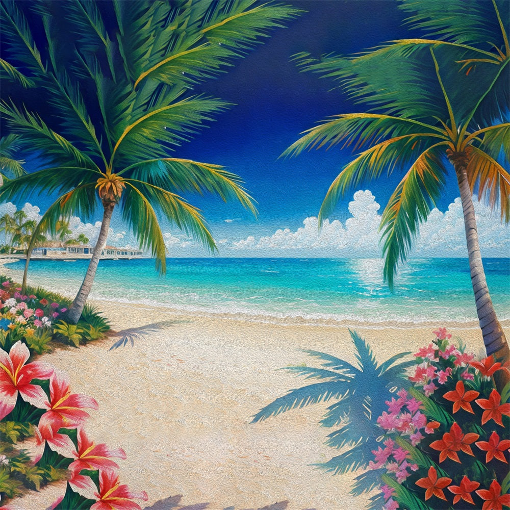 Esthero Peinture à l'huile d'été fleur de cocotier bleu mer Toile de fond RR3-44
