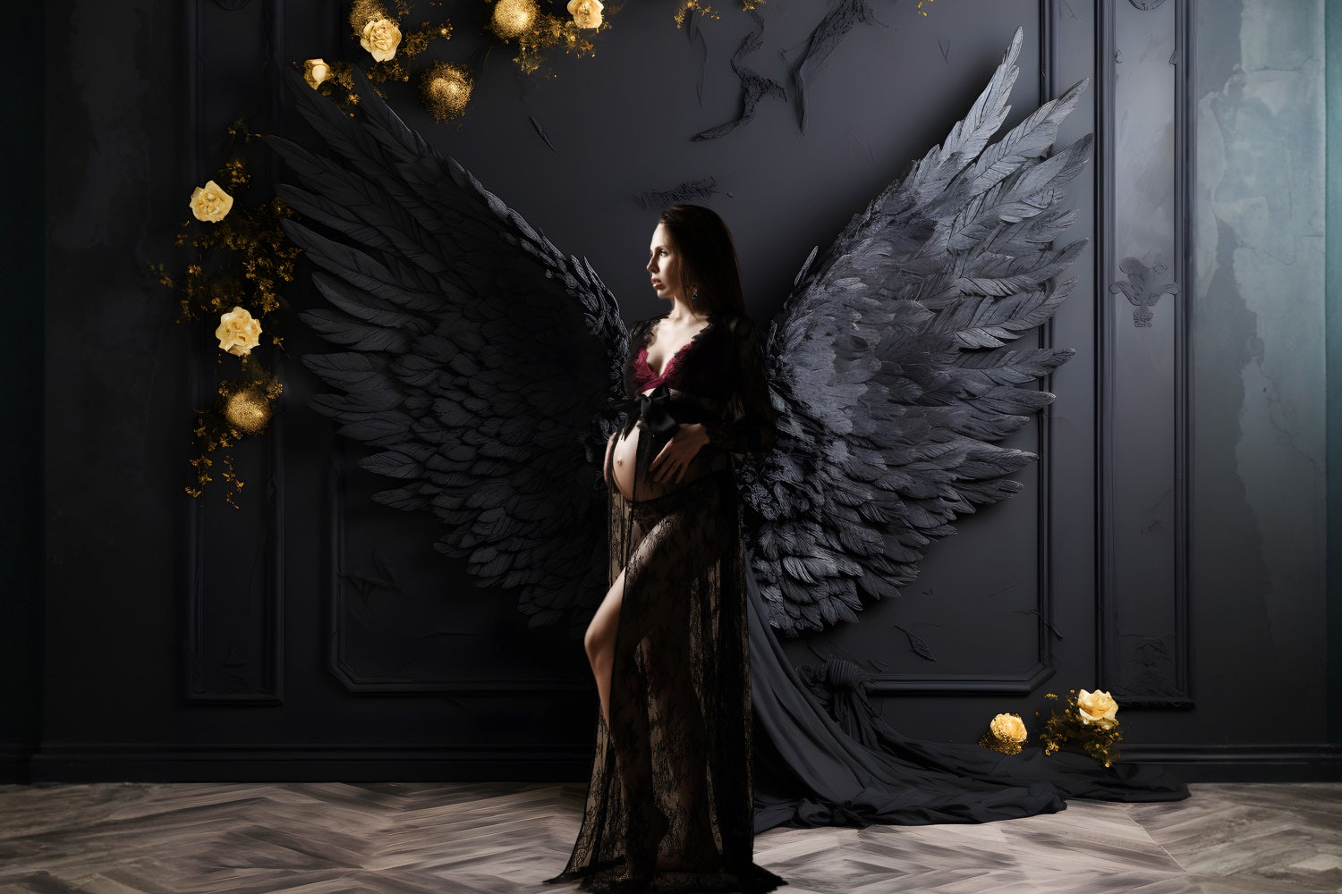 Esthero Toile de fond Ange mural classique noir Ailes noires Rose champagne RR4-13