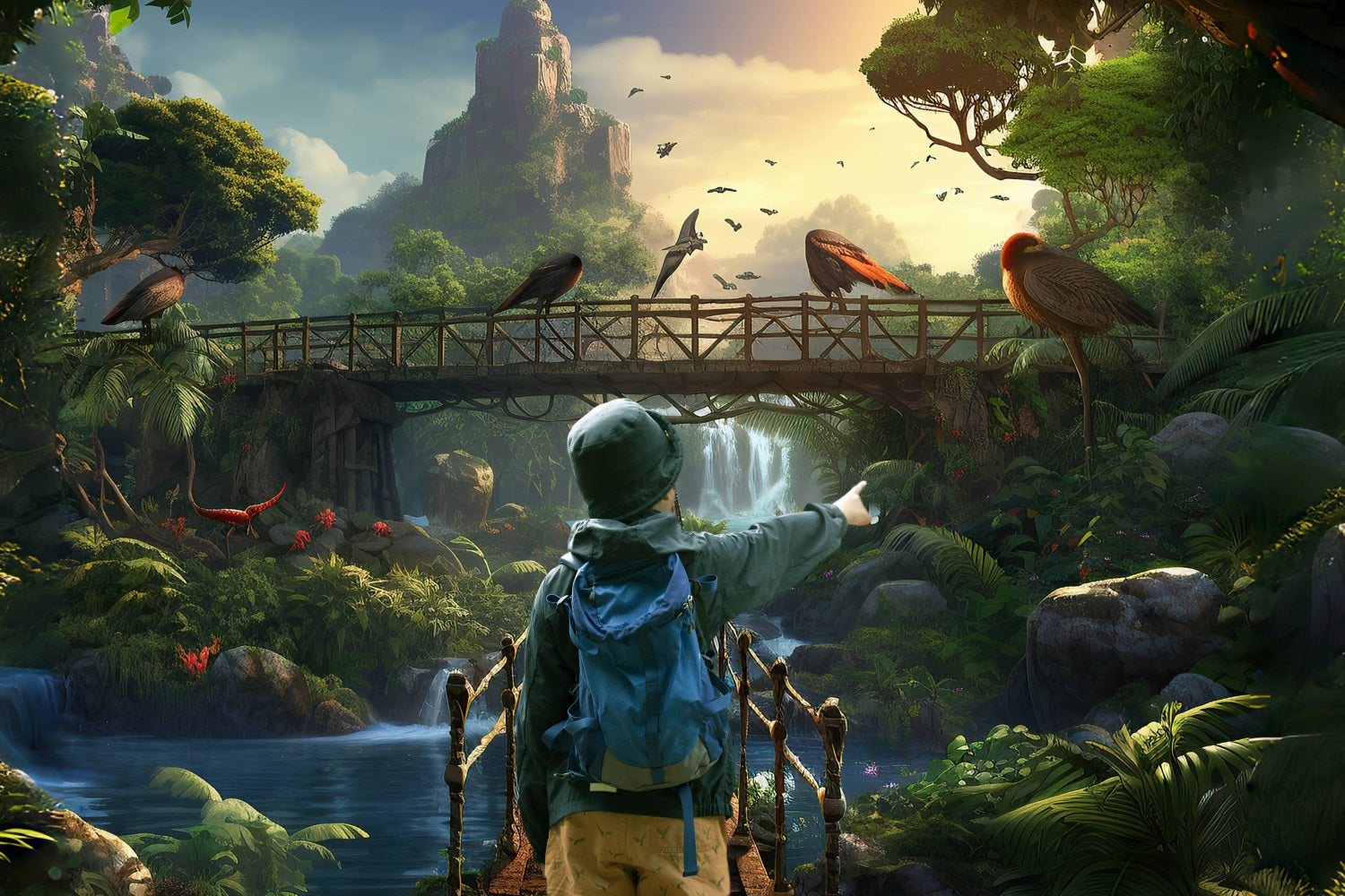 Esthero Toile de fond Pont Suspendu avec Oiseaux de la Forêt Mystique RR4-45