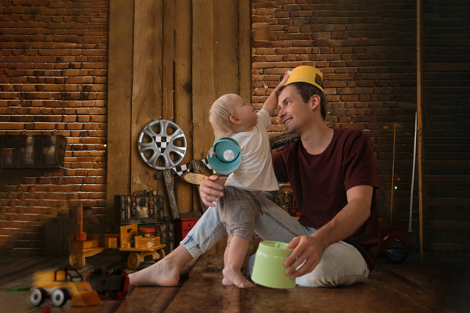 Toile de Fond Mur de Briques Vintage Échelle et Pneu de Course RR5-1