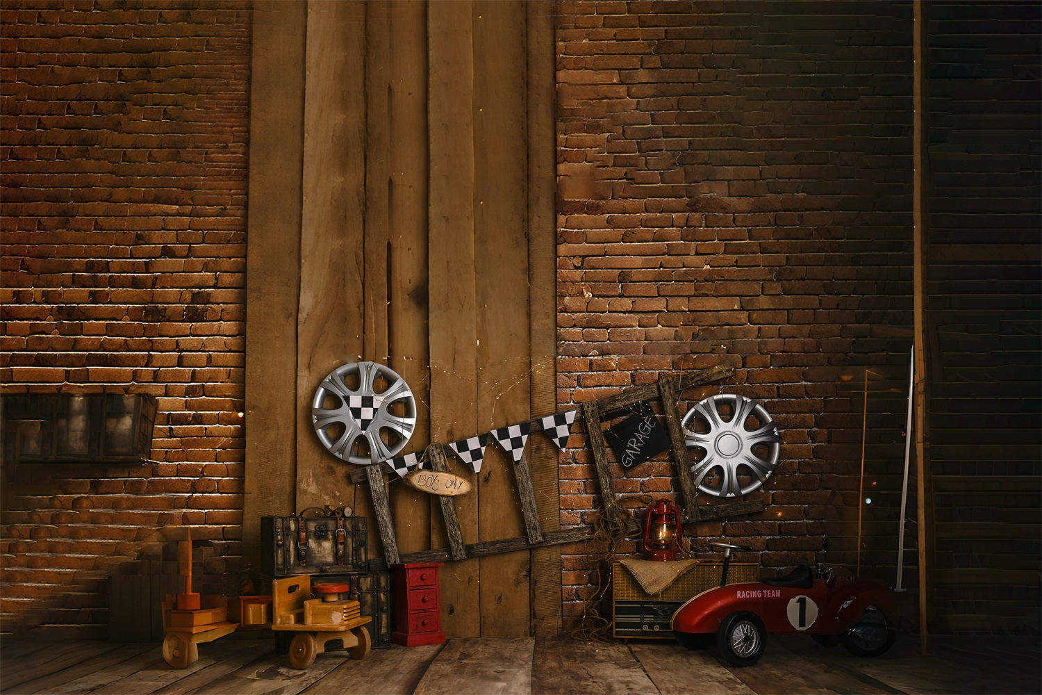 Toile de Fond Mur de Briques Vintage Échelle et Pneu de Course RR5-1