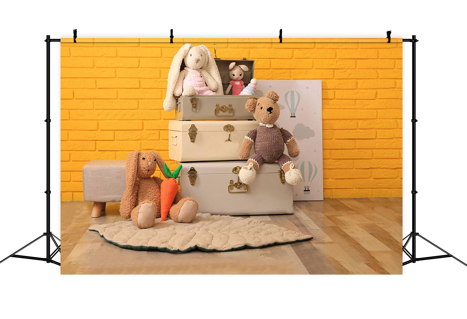 Toile de Fond Mur de Briques Jaune avec Poupée Lapin et Ours RR5-12