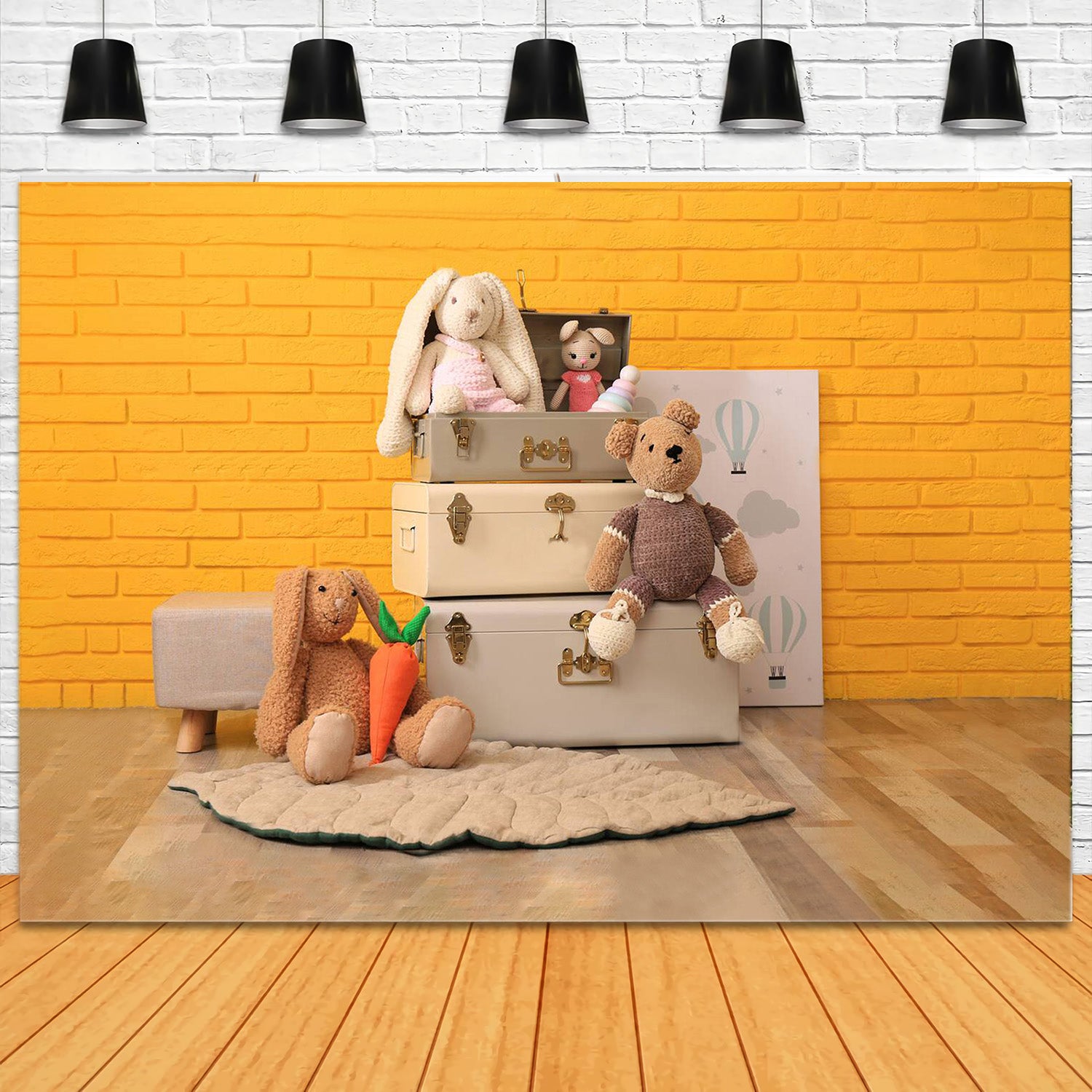 Toile de Fond Mur de Briques Jaune avec Poupée Lapin et Ours RR5-12