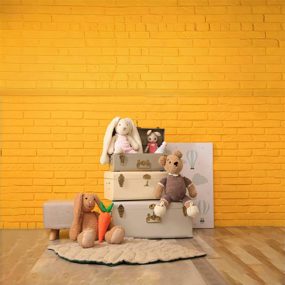 Toile de Fond Mur de Briques Jaune avec Poupée Lapin et Ours RR5-12