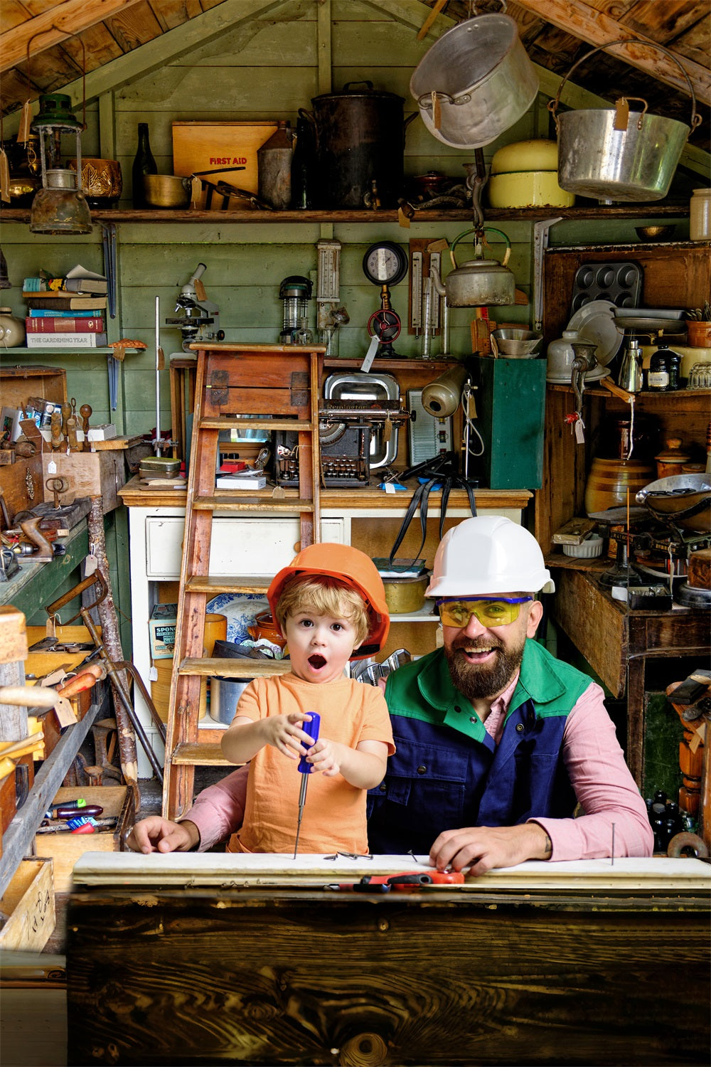 Toile de Fond Grenier avec Échelle et Outils de Famille pour la Fête des Pères RR5-16