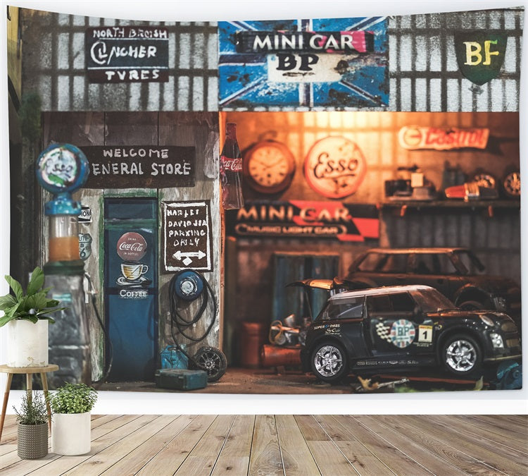 Toile de Fond Ancien Garage d'Atelier pour la Fête des Pères RR5-19