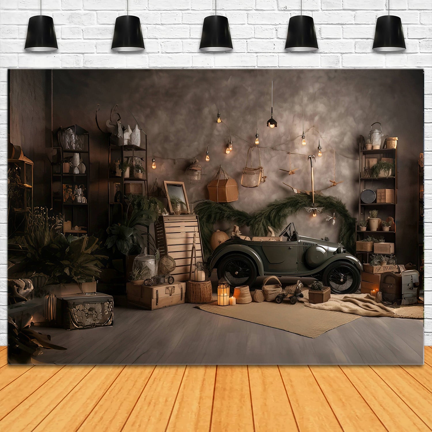 Toile de Fond Guirlande Lumineuse avec Mini Voiture pour la Fête des Pères RR5-3