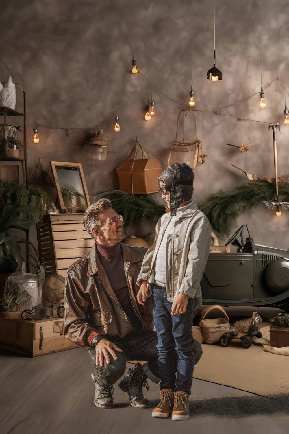 Toile de Fond Guirlande Lumineuse avec Mini Voiture pour la Fête des Pères RR5-3