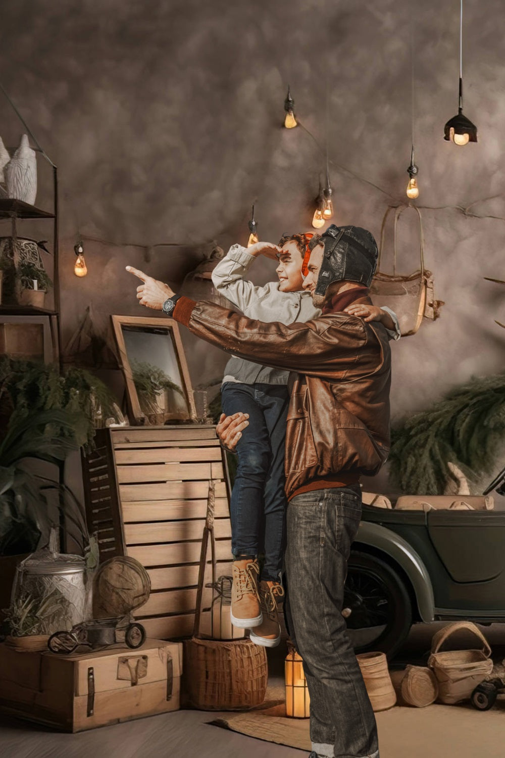 Toile de Fond Guirlande Lumineuse avec Mini Voiture pour la Fête des Pères RR5-3