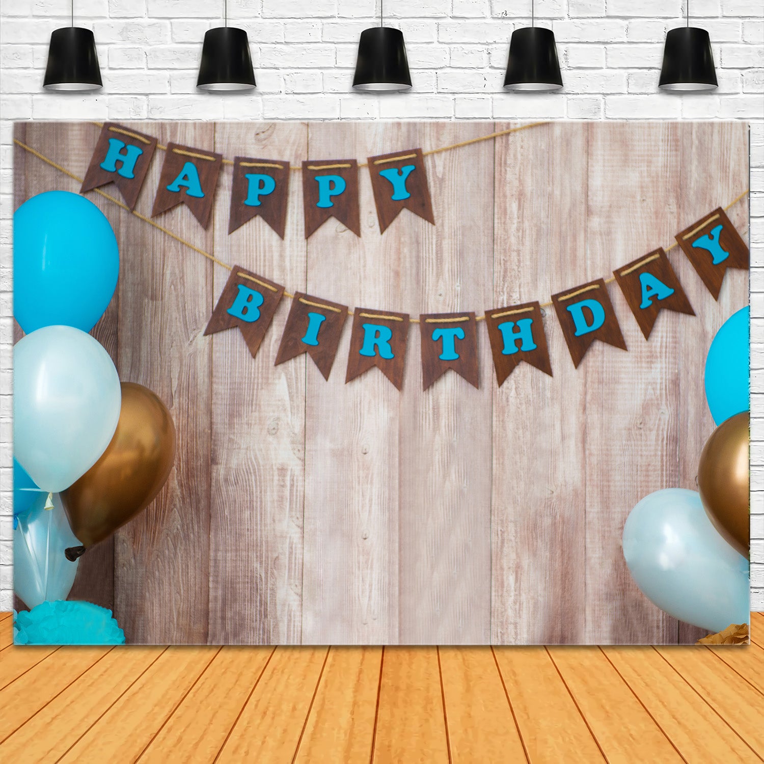 Toile de Fond "Joyeux Anniversaire" avec Ballons et Bois RR5-31