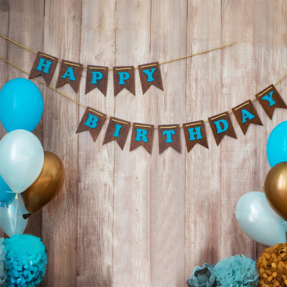 Toile de Fond "Joyeux Anniversaire" avec Ballons et Bois RR5-31
