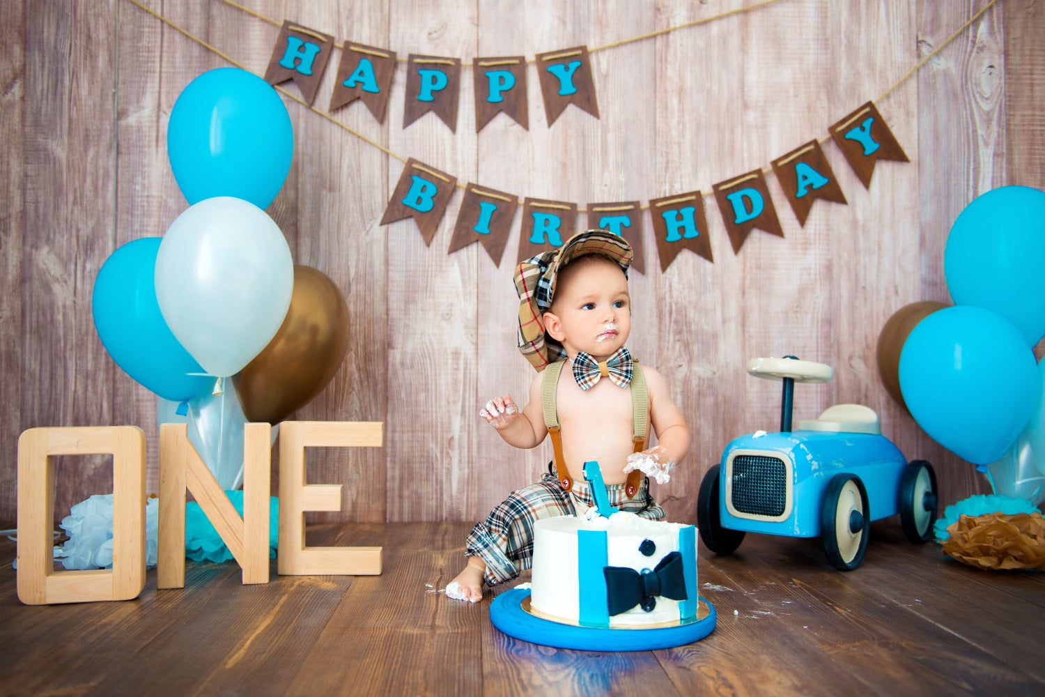 Toile de Fond "Joyeux Anniversaire" avec Ballons et Bois RR5-31