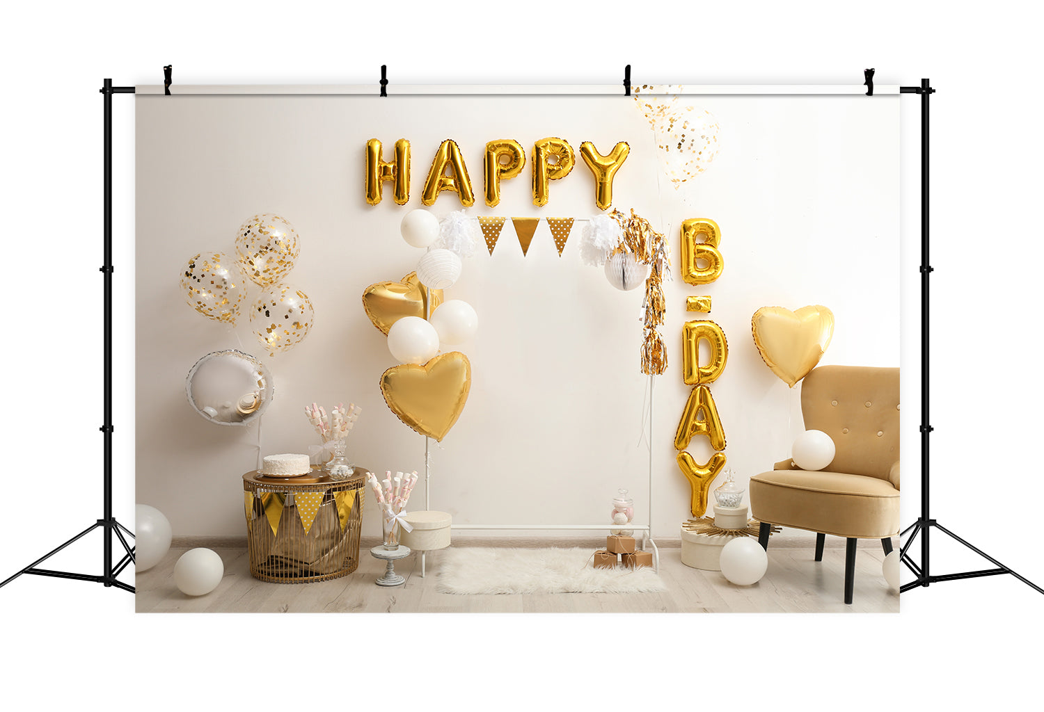 Toile de Fond Décoration de Fête d'Anniversaire avec Ballons Dorés RR5-32