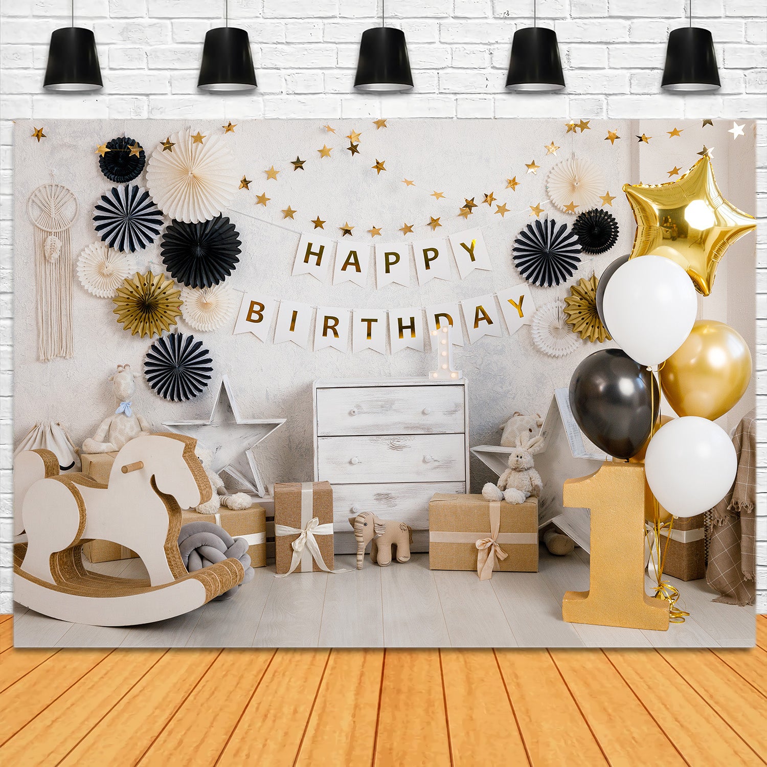 Toile de Fond pour 1er Anniversaire avec Ballons Dorés RR5-35
