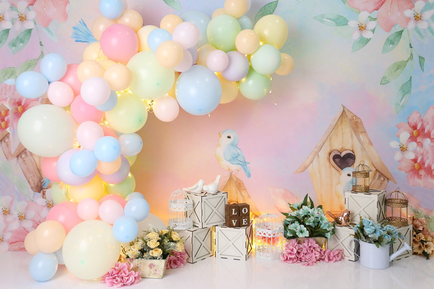 Toile de Fond Décoration d'Anniversaire d'Enfant avec Fleurs Aquarelles RR5-38