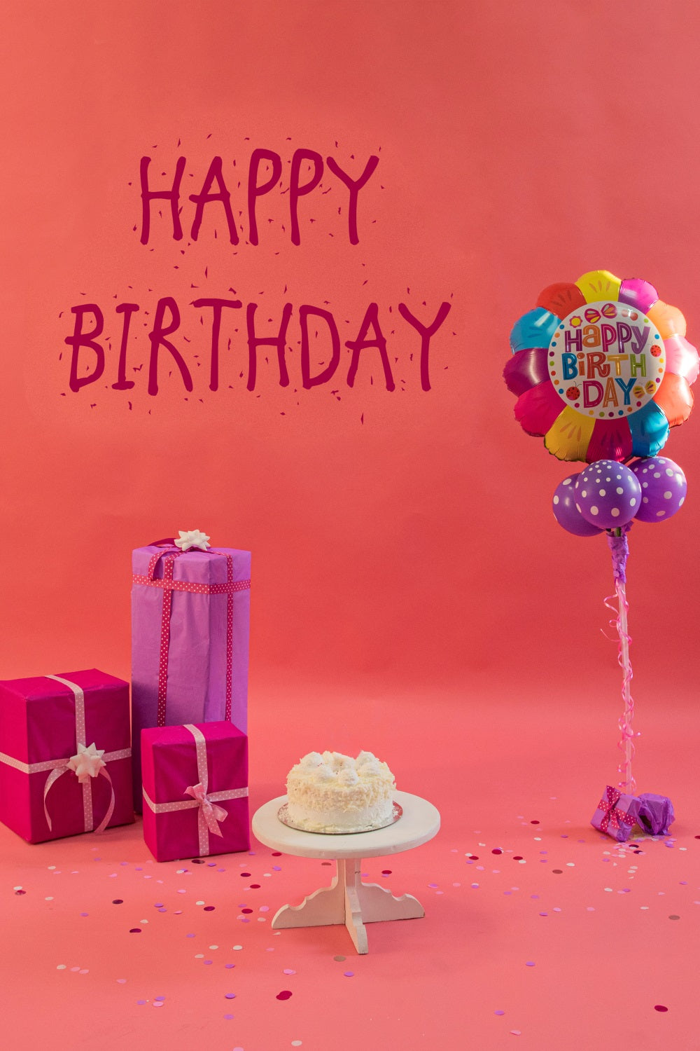 Toile de Fond Motif Ballons et Gâteau d'Anniversaire avec Bougies RR5-41