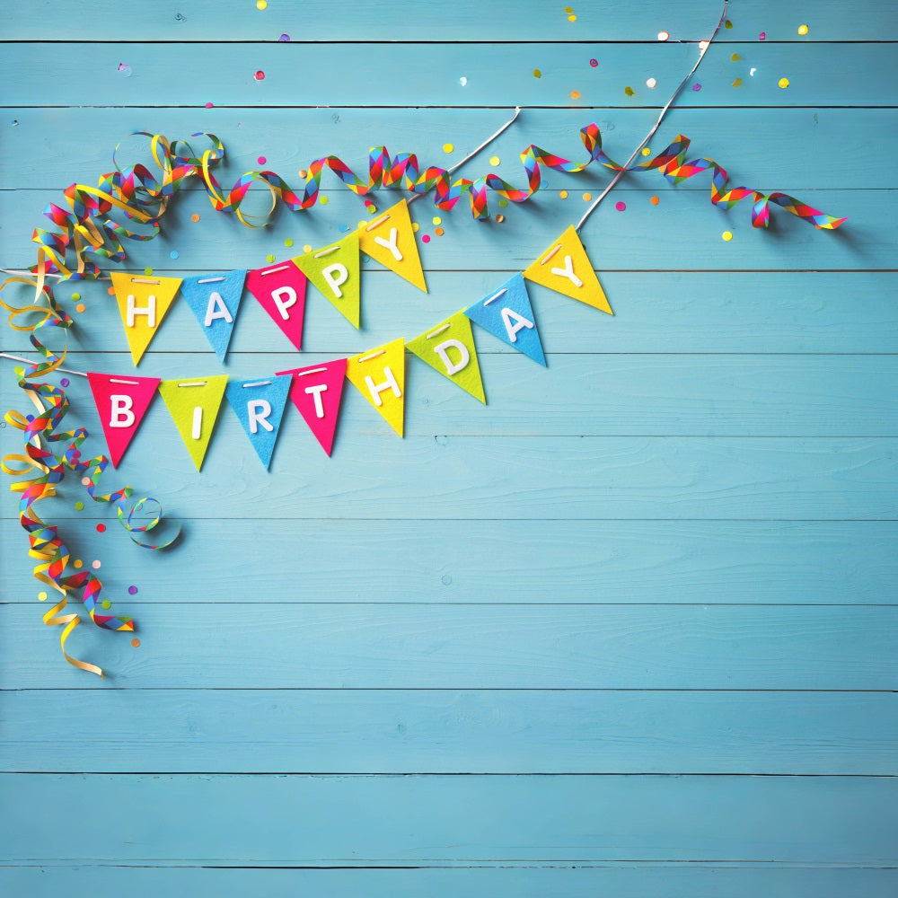 Toile de Fond "Joyeux Anniversaire" Bleu et Bois RR5-44