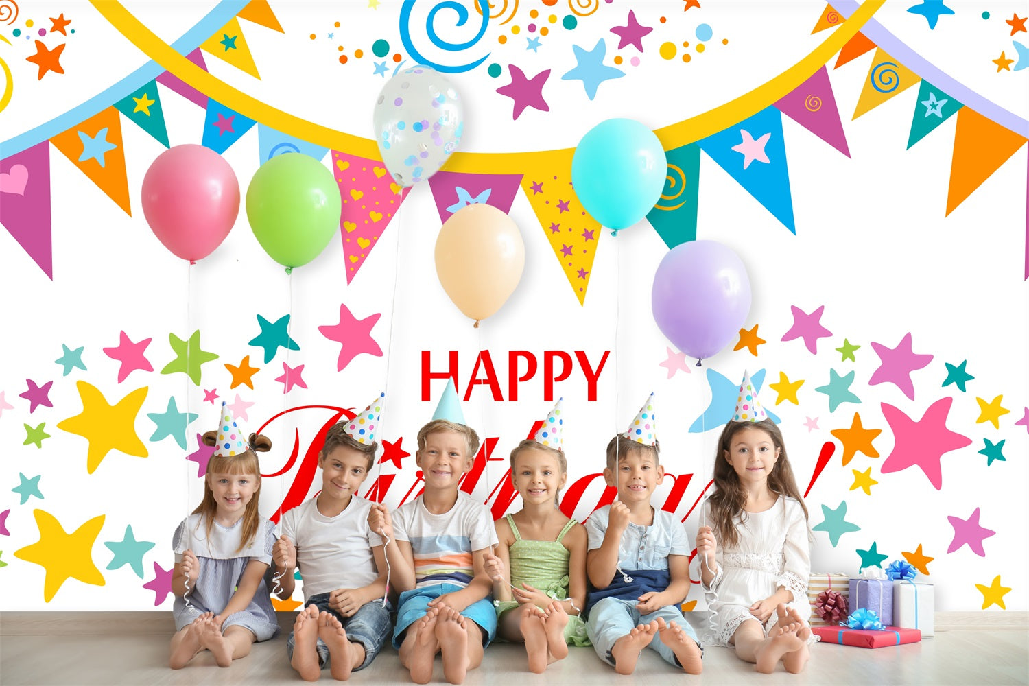 Toile de fond personnalisée pour anniversaire Bannières colorées Étoiles RR5-49