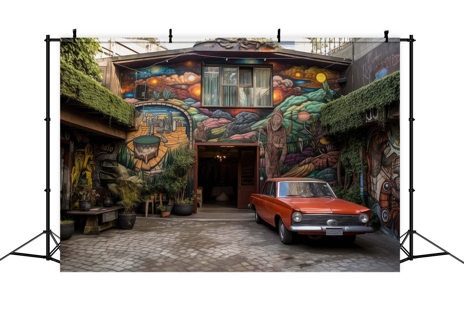 Toile de Fond Maison avec Dessin et Voiture Rouge pour la Fête des Pères RR5-5