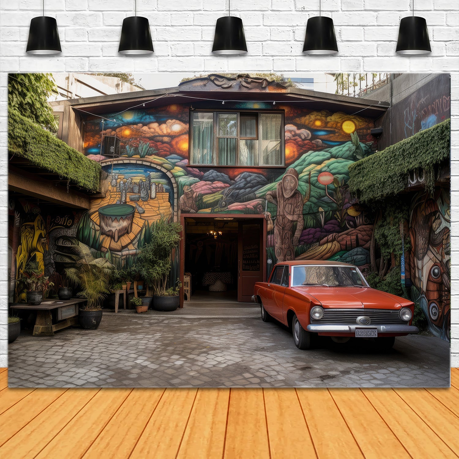 Toile de Fond Maison avec Dessin et Voiture Rouge pour la Fête des Pères RR5-5