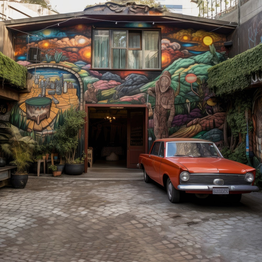 Toile de Fond Maison avec Dessin et Voiture Rouge pour la Fête des Pères RR5-5