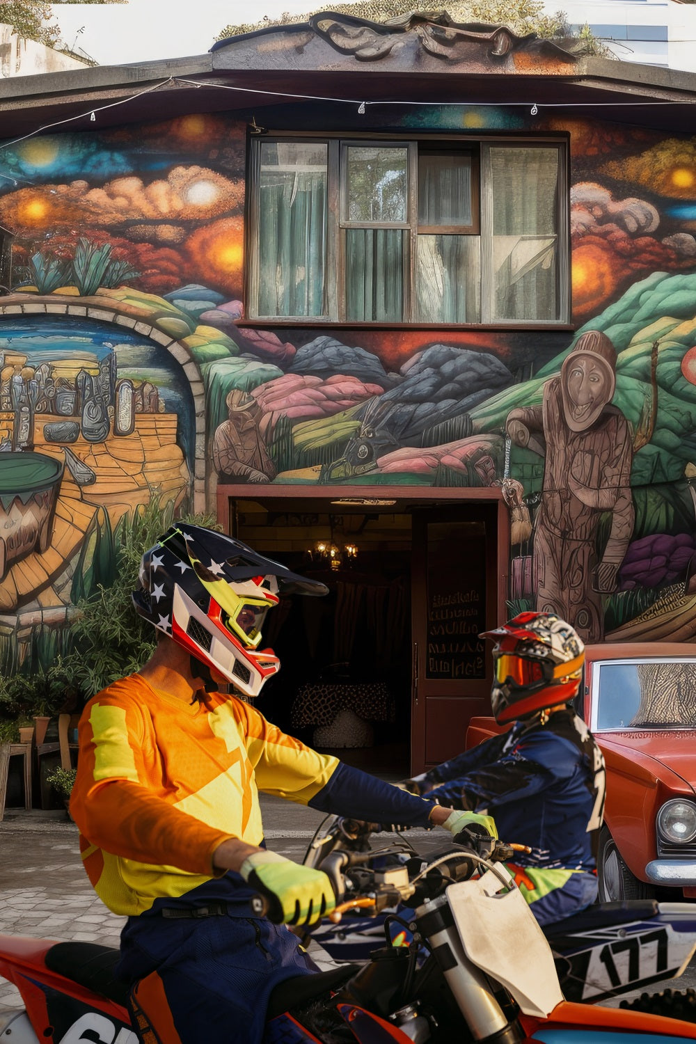 Toile de Fond Maison avec Dessin et Voiture Rouge pour la Fête des Pères RR5-5