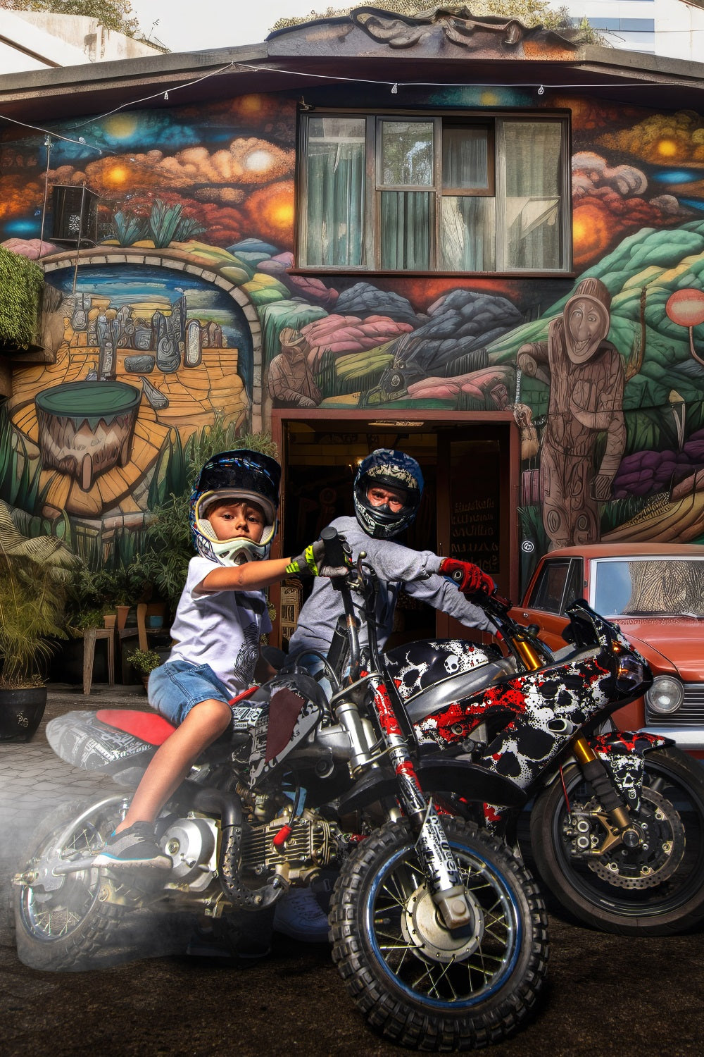 Toile de Fond Maison avec Dessin et Voiture Rouge pour la Fête des Pères RR5-5