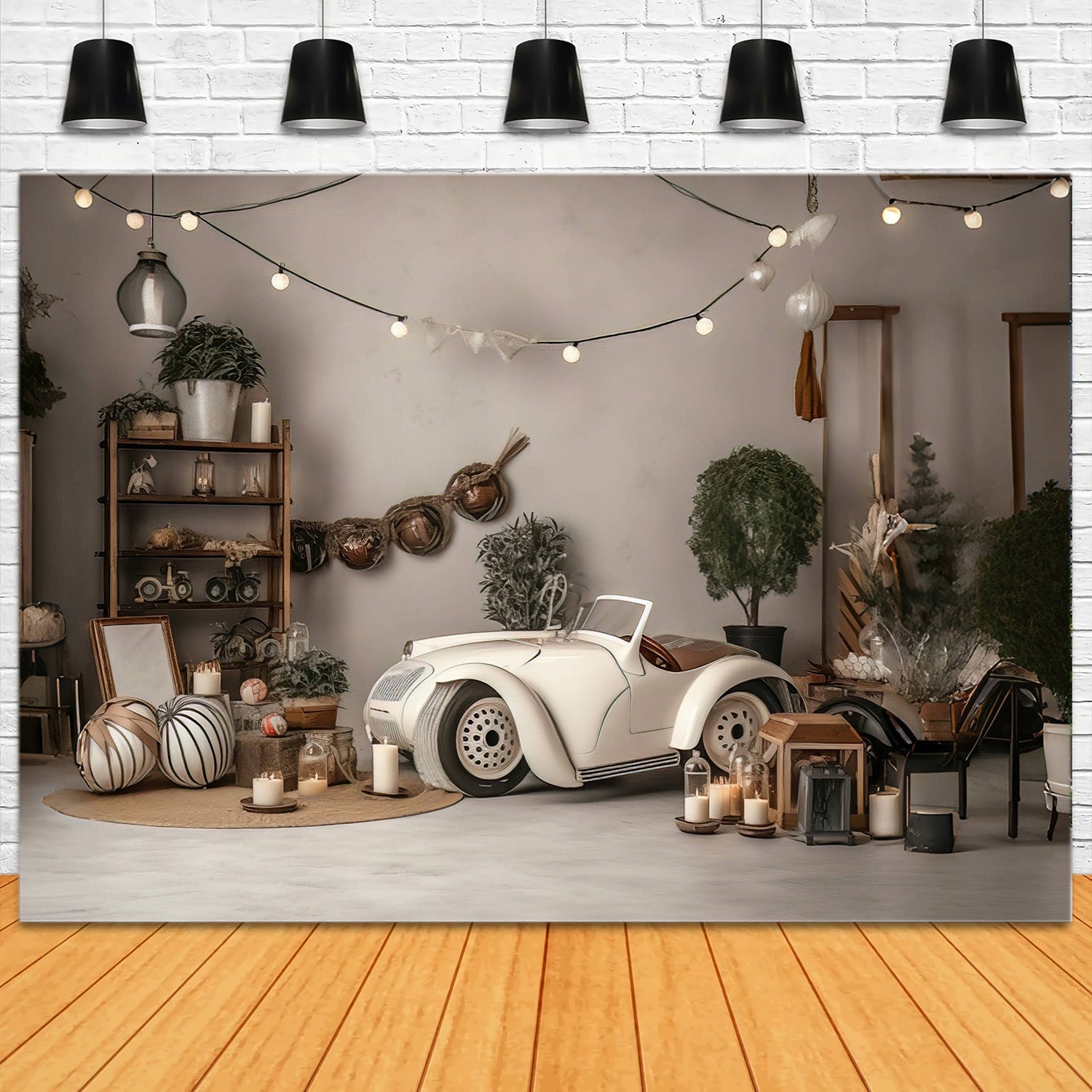 Toile de Fond Style Enfantin avec Voiture Décapotable Crème Vintage RR5-6