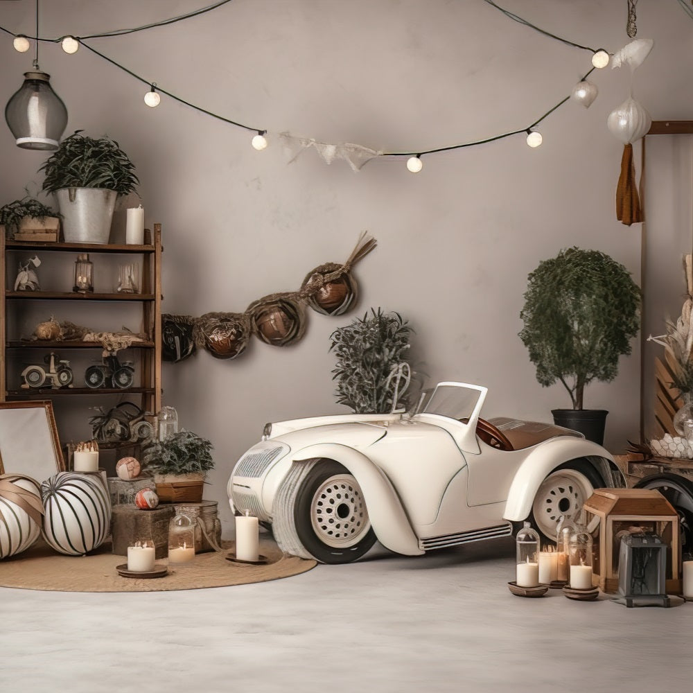 Toile de Fond Style Enfantin avec Voiture Décapotable Crème Vintage RR5-6