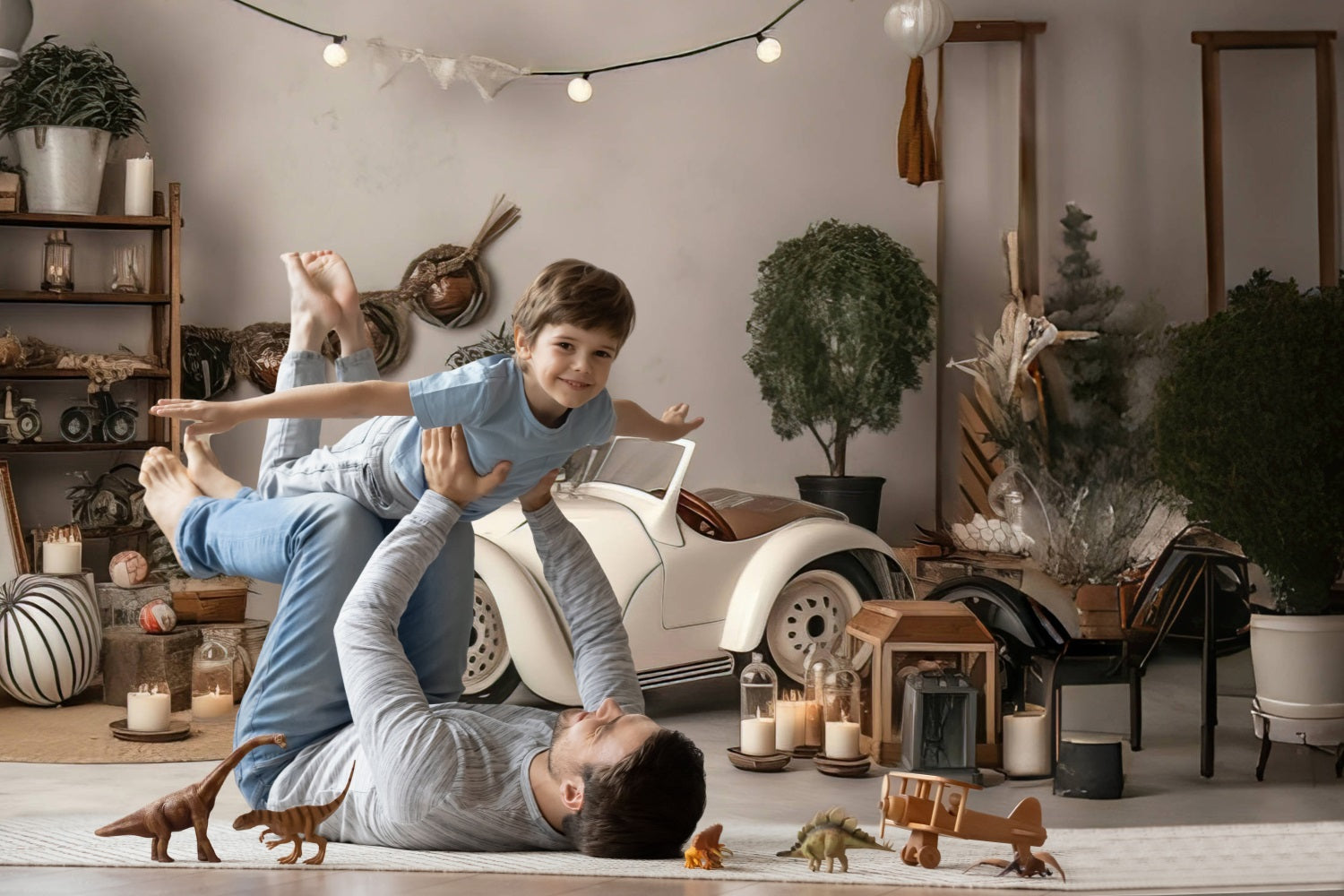 Toile de Fond Style Enfantin avec Voiture Décapotable Crème Vintage RR5-6