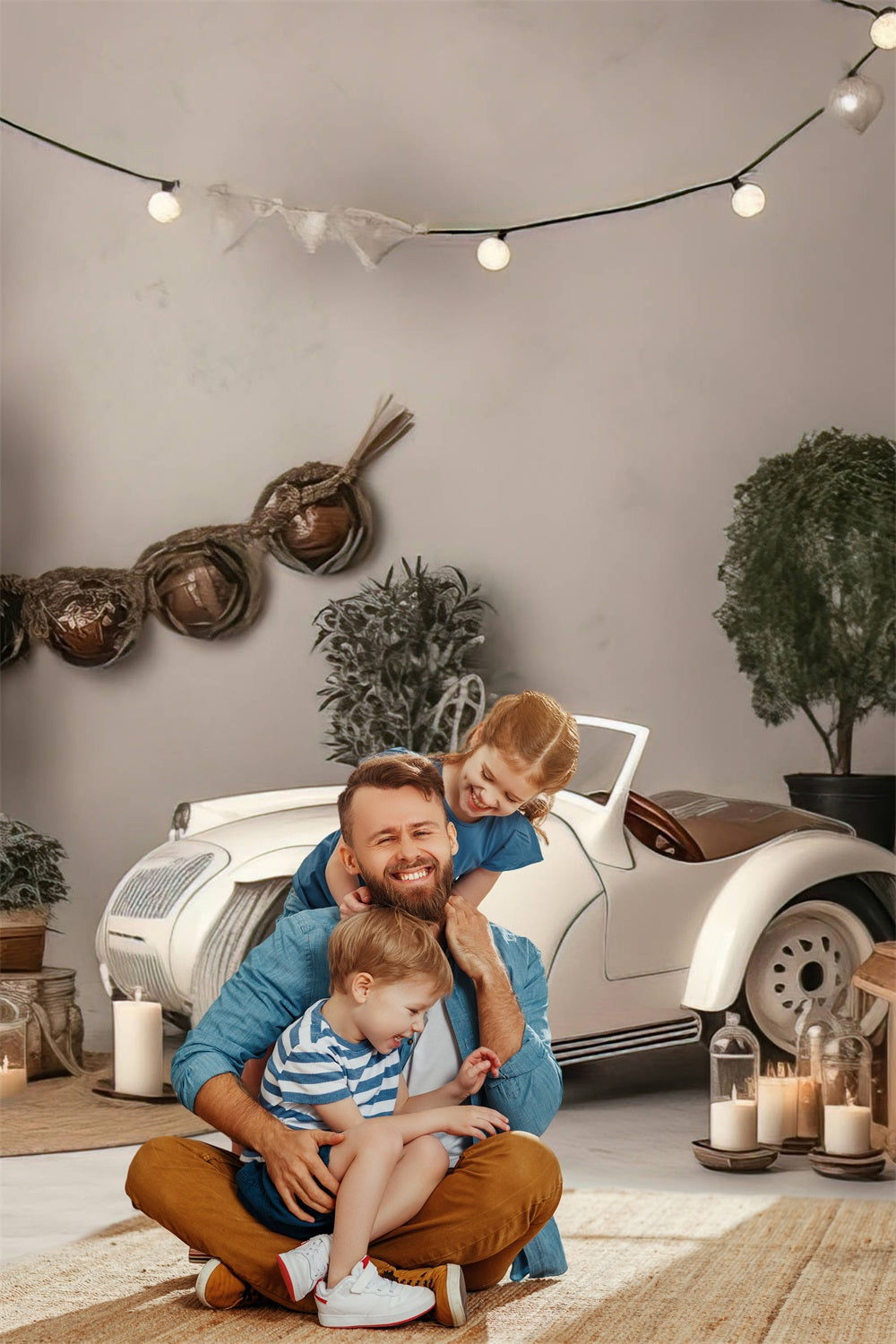 Toile de Fond Style Enfantin avec Voiture Décapotable Crème Vintage RR5-6