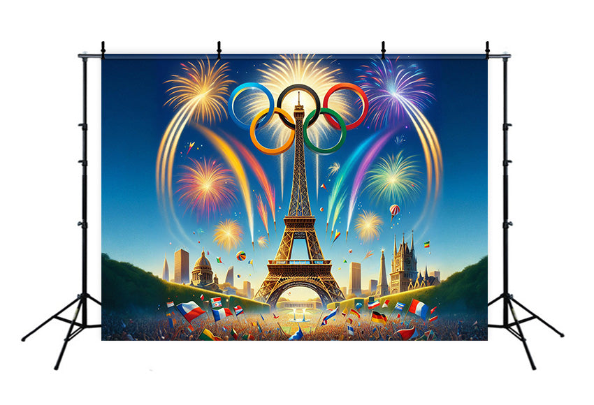 Tour Eiffel Olympique Cinq Anneaux Feux d'Artifice Toile de fond RR6-18