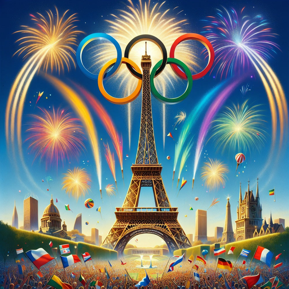 Tour Eiffel Olympique Cinq Anneaux Feux d'Artifice Toile de fond RR6-18
