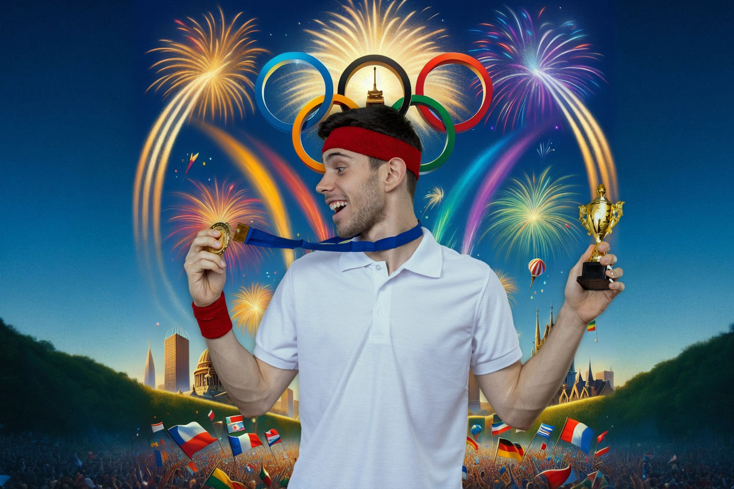 Tour Eiffel Olympique Cinq Anneaux Feux d'Artifice Toile de fond RR6-18