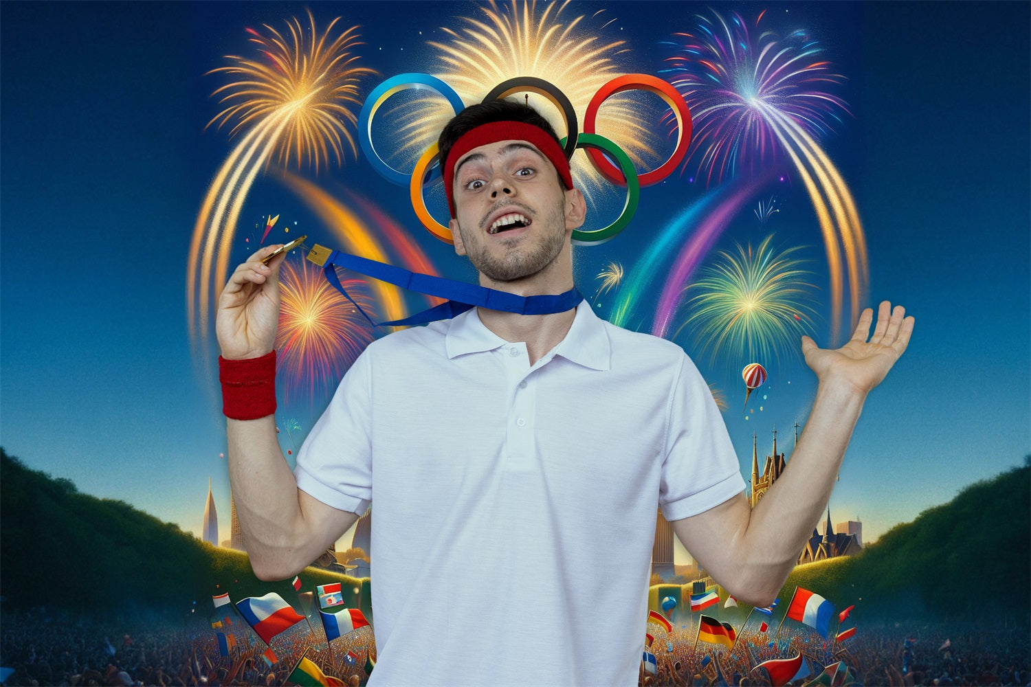 Tour Eiffel Olympique Cinq Anneaux Feux d'Artifice Toile de fond RR6-18