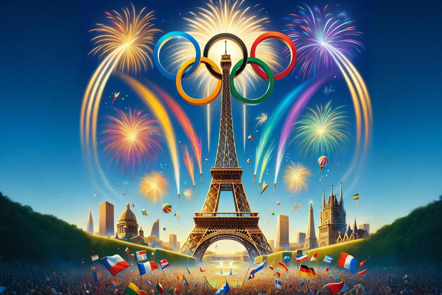 Tour Eiffel Olympique Cinq Anneaux Feux d'Artifice Toile de fond RR6-18