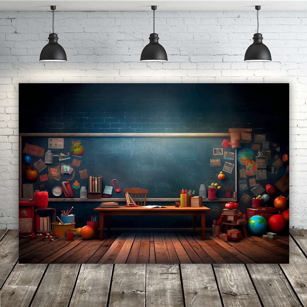 Toile de fond tableau noir bureau et fournitures scolaires RR6-40